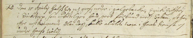 Notering i Hällestads dödbok om Erik Erikssons avrättning 15 april 1699.