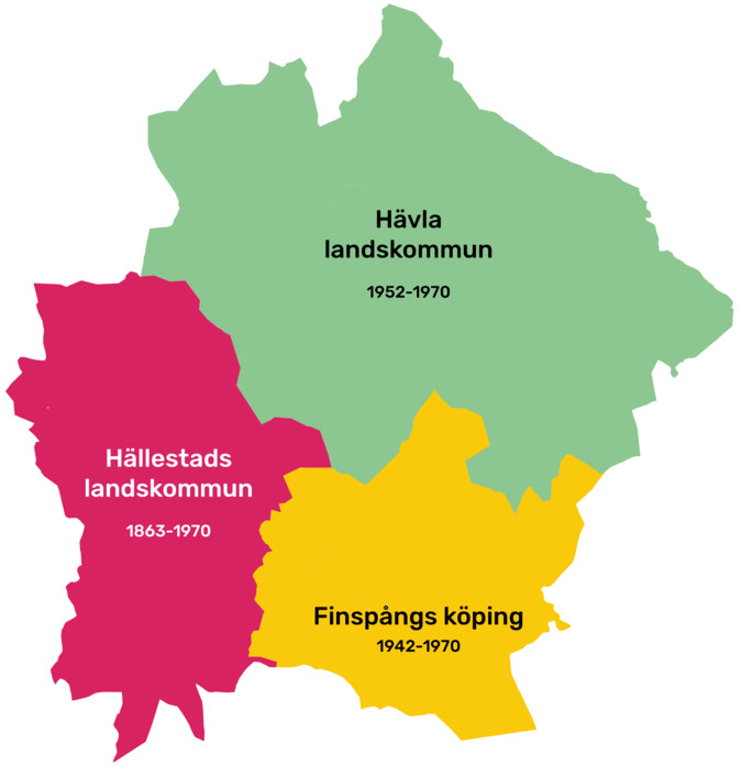 Karta över Finspångs kommun. Kartbilden visar de kommuner 1952-1970 (Hävla, Hällestad och Finspångs köping) som efter kommunreformen bildade nuvarande Finspångs kommun 1971.
